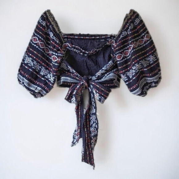 Anthropologie Woven Puff Sleeved Cropped Tie Back Top Boho Left Coast Collection - Picture 5 of 11